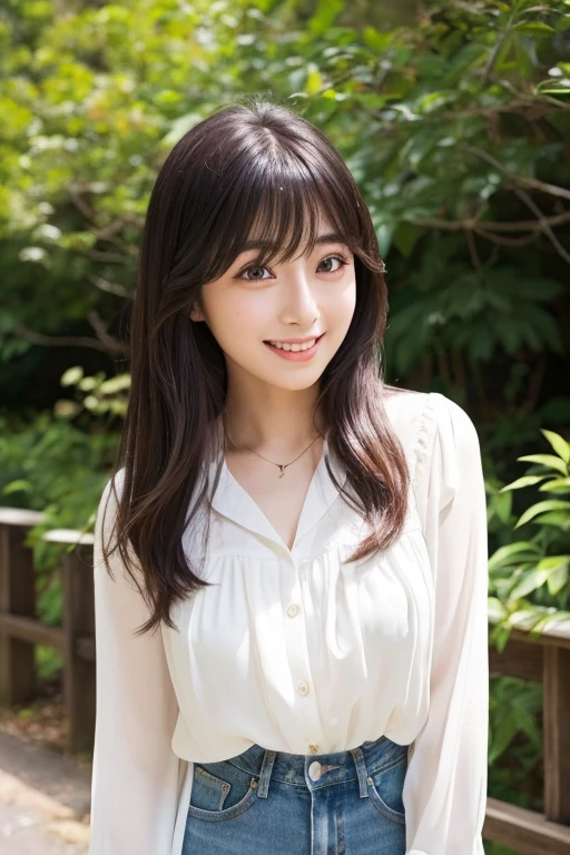 A beautiful woman like Haruka Fukuhara。Medium-long black hair with bangs、With big eyes and a soft expression。She has fair skin and wears natural makeup.。Wearing a white blouse and jeans、Smiling in nature。in a realistic style。