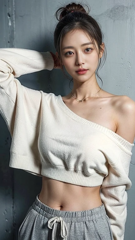 Short length、 ((White knit loose off-shoulder top、Cropped trousers)), Brown Skin、belly button、thin, Medium ponytail、Gray Hair、Messy bangs、Cheeky look、Redness on the cheeks、Raise the corners of the eyes、勝ち誇ったthin眉毛、Young Face、 ((Very detailed)), Perfectly detailed face, Great hands, Photorealistic images、street、Sexy pose、Accurate Arm、Accurate Fingers、