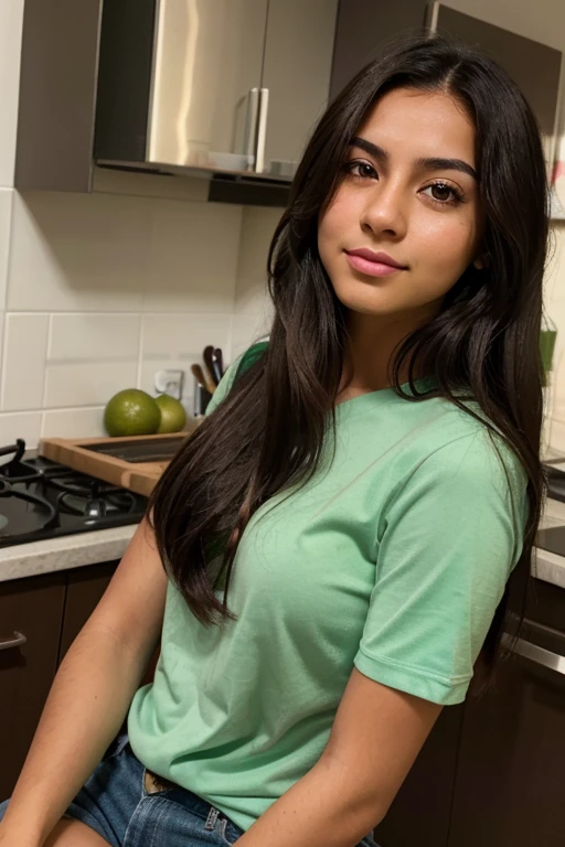 A photorealistic portrait of a 21-year-old latina girl with long, flowing dark hair and striking green eyes. her mouth is closed. She should have a face with makeup, in the kitchen