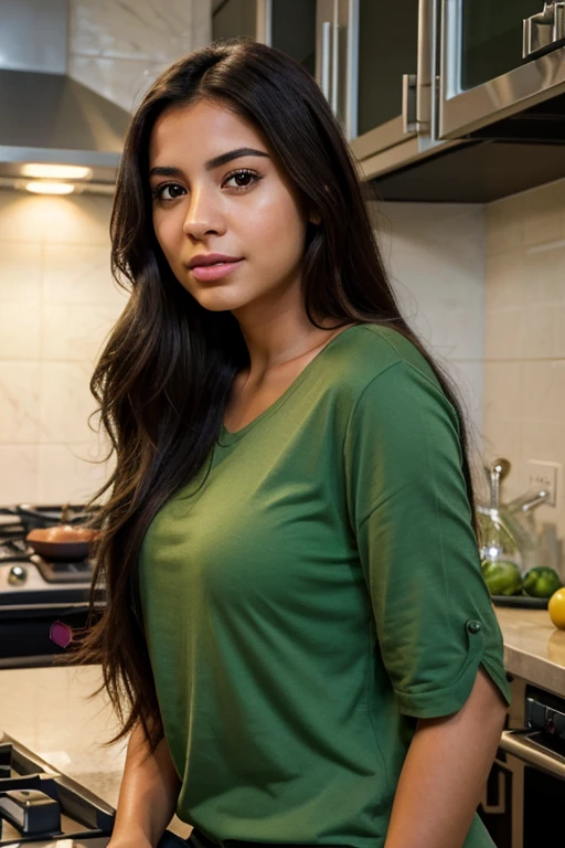 A photorealistic portrait of a 21-year-old latina girl with long, flowing dark hair and striking green eyes. her mouth is closed. She should have a face with makeup, in the kitchen