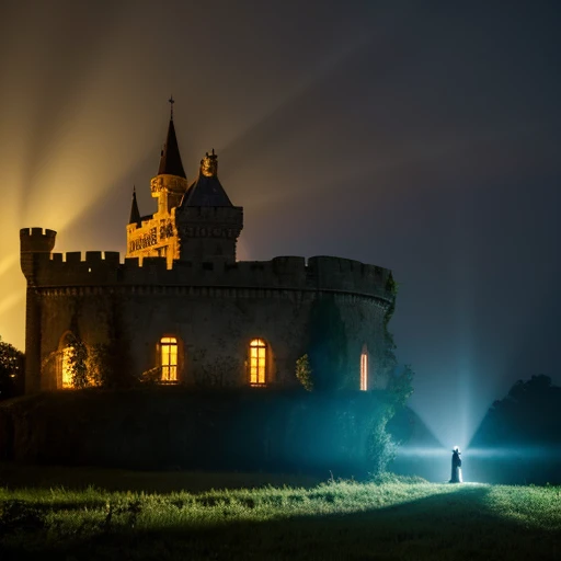 Highest quality　The back of the sad demon noble　In the background you can see an abandoned castle with rays of light shining through it.　　evening

