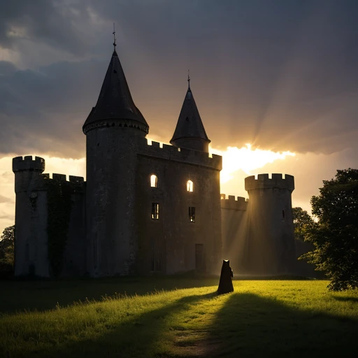 Highest quality The back of the sad demon noble In the background you can see an abandoned castle with rays of light shining through it. evening