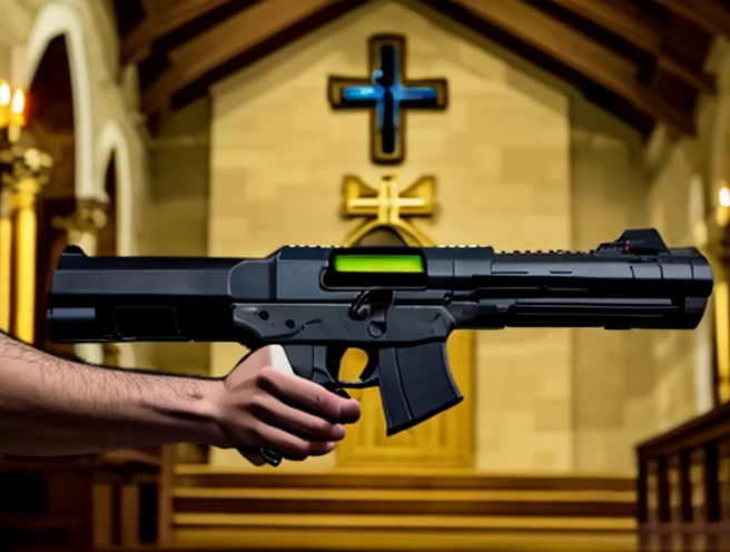 Carl Brutananadilewdki holding Uzi Gun running inside Church