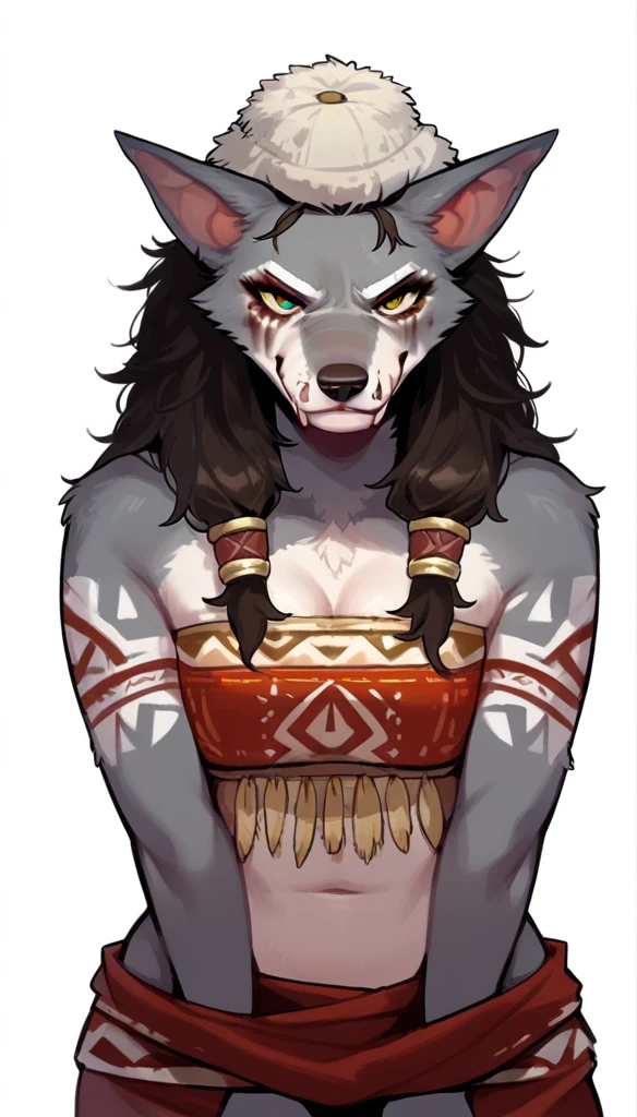 score_9, score_8_up, (clear simple background, white background, papyrus background), ((adult))
(worgen:1.2), _young, lagre_breasts , smug face, Serious face expression, whore_makeup, tribal makeup, solo, (blond hair, red hoody with grey fur hood, female), (wearing grey wolf hide, grey colored wolf scalp cap), (fullbody, tattoos, curvey bode, cute face, focus), beautiful,