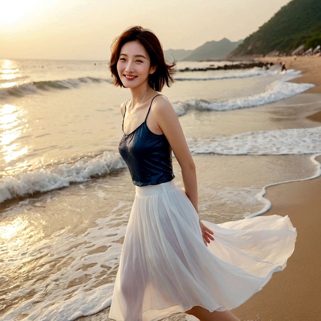 sunset on the beach,바다에 잔광이 비치네sunset on the beach 붉은 태양,A strong lingering scent is reflected in the sea., Beautiful 46-year-old short Korean woman, Chest size 34 inches, Wear sleeveless, white light skirt. beautiful pretty woman look , wearing a light skirt , Go far into the sea water and dip your toes., Short medium hair blowing in the wind, 1 short woman, beautiful eyes, a little smile, Full-body photo taken from afar with a wide-angle lens, The background is clean and perfect., waves moved by the wind, best high definition