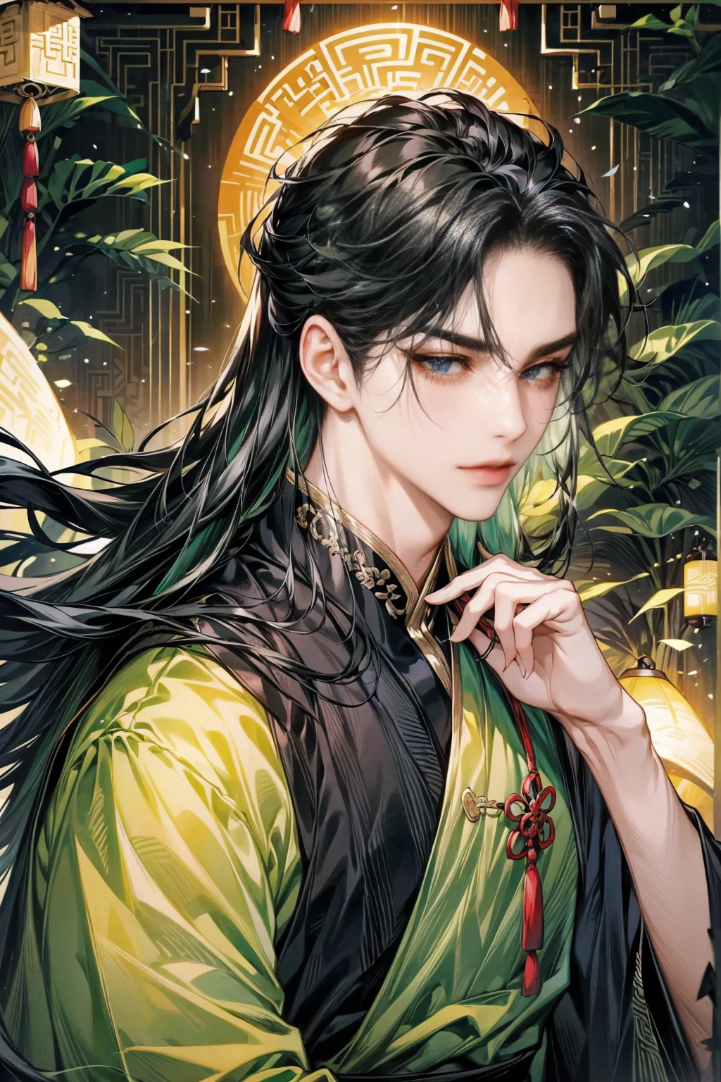 1 boy holds a Ogi Fan in his hand, long black hair，black hair, thick hair, thick black long hair,green dress，alone，bamboo forest,slim figures, ancient chinese house,（nighttime：1.2）long black hair, black eyes,Chinese folk tales，savant,wise man