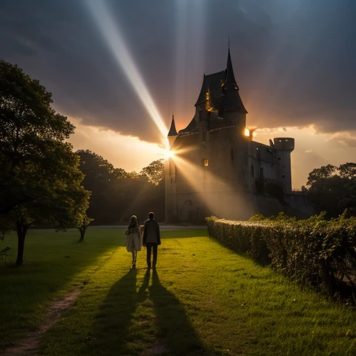 Highest quality　The back of the sad demon noble　In the background you can see an abandoned castle with rays of light shining through it.　　evening
