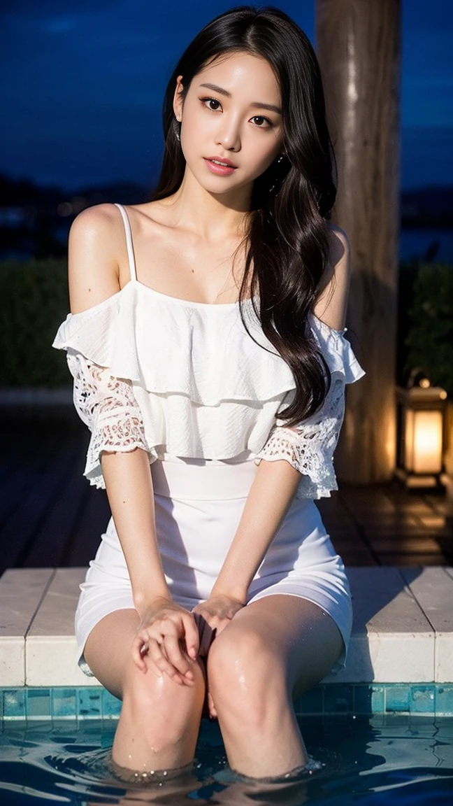 Dark brown hair、Light brown eyes、Japanese actress、 Lady、1 female、I am about 40 years old....、(Intricate details:1.2)、(Which is the top??????:1.4)、 (Ultra-high resolution:1.2)、Ultra-high resolution、(Finely tuned)、(Detailed facial features)、Hmph、8K resolution、D cup size breasts、Long Hair、Jacuzzi on the terrace、Enter the jacuzzi、Wet Skin、Soaking wet hair、Wet shoulders、Wet bust、moonlight、リゾート感たっぷりのNight view写真、Head to toe shot、Blackpink Jenny、Beautiful legs、she, Fashion Hub, Very detailed, Very detailed, Realistic, Hourglass Shaped Body, Obscene pose、Please lift your chin up a little、Please open your mouth a little、Relax Pose、Are crying、Deep sorrow、、Get out of the water、The moment I step out of the jacuzzi I see you、Round Jacuzzi、Get out of the water体、Night view、