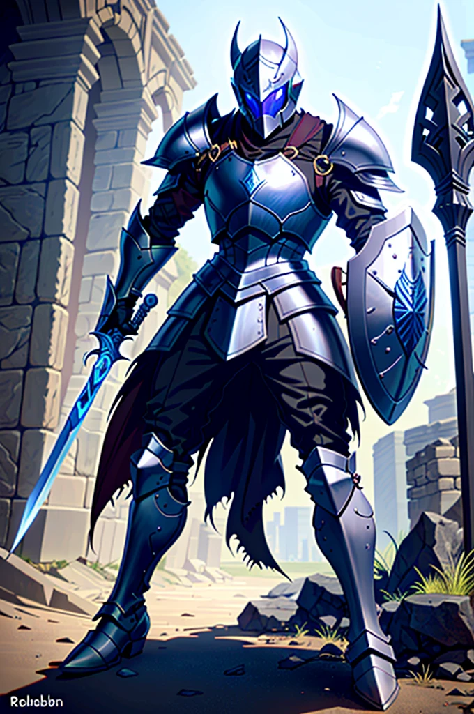 A man in armor holding an Excalibur sword and a Powerful Shield of darkness, powerful boots, pale black armor, evil knight, in monster hunter armor, with Robert Pattinson&#39;s face, similar to Marvel&#39;s Black Knight, very strong, Marvel Hero style, 8K, best qualityer, appearing full body in the image, running on the road.