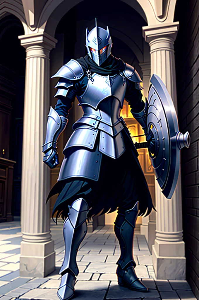 A man in armor holding an Excalibur sword and a Powerful Shield of darkness, powerful boots, pale black armor, evil knight, in monster hunter armor, with Robert Pattinson's face, similar to Marvel's Black Knight, very strong, Marvel Hero style, 8K, best qualityer, appearing full body in the image, running on the road.
