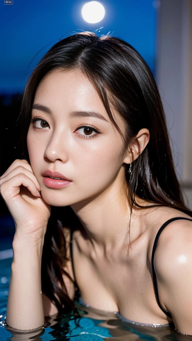 Dark brown hair、Light brown eyes、Japanese actress、 Lady、1 female、I am about 40 years old....、(Intricate details:1.2)、(Which is the top??????:1.4)、 (Ultra-high resolution:1.2)、Ultra-high resolution、(Finely tuned)、(Detailed facial features)、Hmph、8K resolution、D cup size breasts、Long Hair、Jacuzzi on the terrace、Enter the jacuzzi、Wet Skin、Soaking wet hair、Wet shoulders、Wet bust、moonlight、リゾート感たっぷりのNight view写真、Head to toe shot、Blackpink Jenny、Beautiful legs、she, Fashion Hub, Very detailed, Very detailed, Realistic, Hourglass Shaped Body, Obscene pose、Please lift your chin up a little、Please open your mouth a little、Relax Pose、Are crying、Deep sorrow、、Get out of the water、The moment I step out of the jacuzzi I see you、Round Jacuzzi、Get out of the water体、Night view、