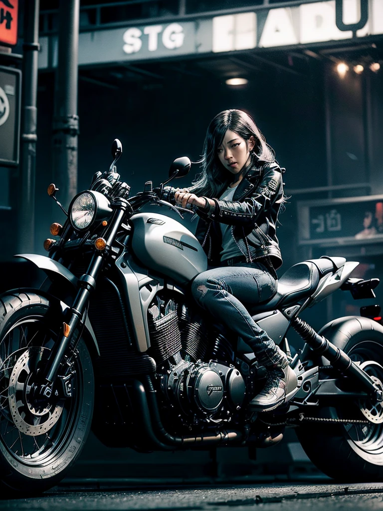 Akira-inspired cityscape: A raffish woman in a black leather jacket and ripped jeans confidently rides a sleek Triumph motorcycle down a gritty urban street, exhaust pipe spewing smoke, neon lights reflecting off wet pavement. Park Shin Hye's character, a calculating super villain, sits astride a menacing motorcycle, eyes fixed intently on the rider as she speeds by, leaving a trail of chaos.