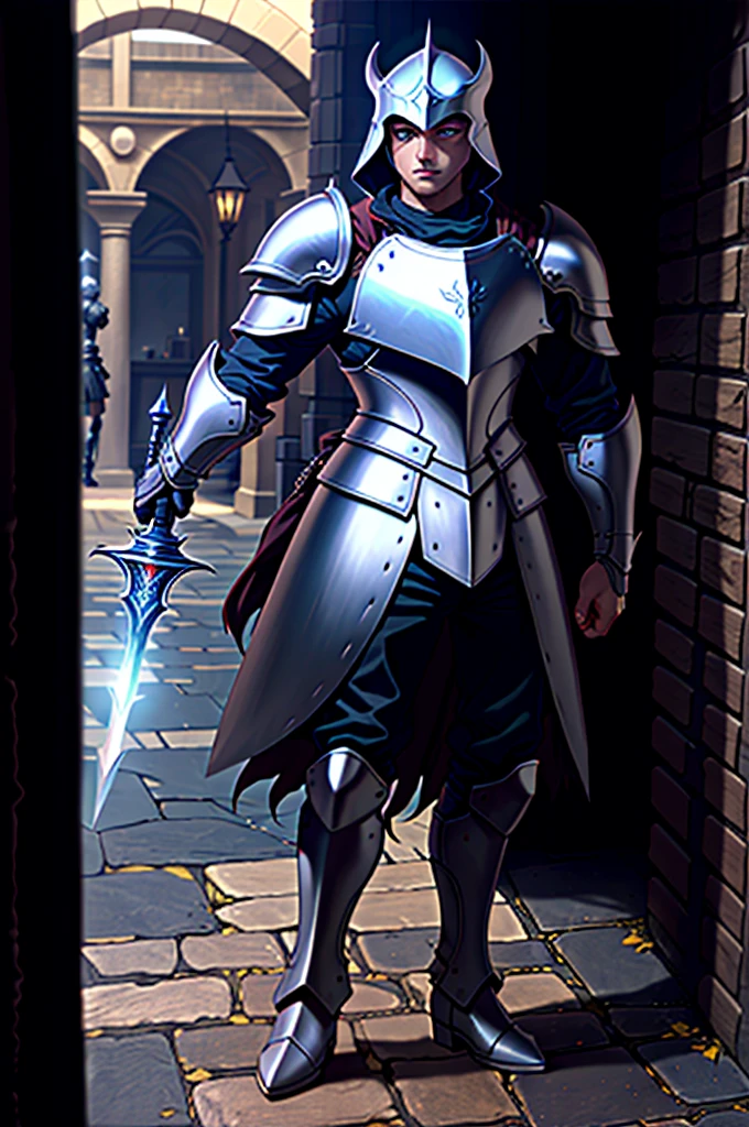 A man in armor holding an Excalibur sword and a Powerful Shield of darkness, powerful boots, pale black armor, evil knight, in monster hunter armor, with Robert Pattinson's face, similar to Marvel's Black Knight, very strong, Marvel Hero style, 8K, best qualityer, appearing full body in the image, running on the road.