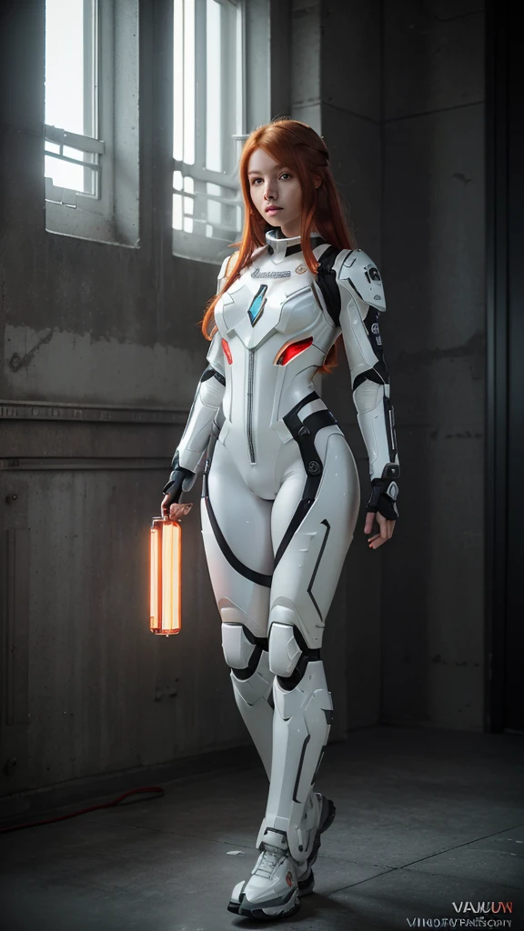 ((masterpiece, best quality, extremely detailed), volumetric lighting, ambient occlusion, colorful, glowing), 1girl, solo, young woman, (red hair), long hair, halo, aura, sacred, godness, cyber suit, android, bot, angelwings, full body