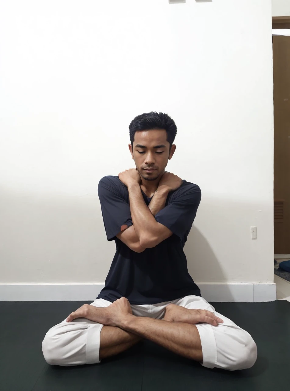 Man doing yoga posture, exact same pose as image, different haircut, hall shaolin background, stocky body, detail and intricate fingers, long and gentle nails bed, sketch and painting, wears suitable clothes for yoga