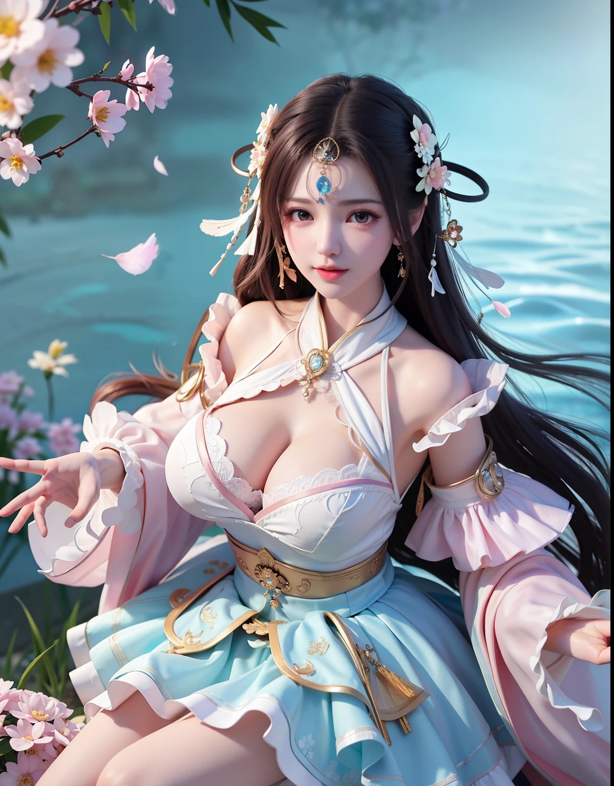 (8k, RAW photo:1.2), best quality, ultra high res,dramatic angle,(fluttered detailed color splashs), (illustration),(((1 girl))),(long hair),(rain:0.9), (Headdress:1.4),There is an ancient palace beside the girl,Hanfu,(Key Points),Color ink painting,(Splash of Color),Splash of Color,(((colorful))),(sketch:0.8) , Masterpiece, best quality, beautiful painted, highly detailed,(denoising:0.6),[splash ink],((ink refraction)), (beautiful detailed sky),moon,highly,detaild,(masterpiece, best quality, extremely detailed） CG Unity 8k Wallpaper，masterpiece，best quality，Ultra Detailed），（Lycoris）.shoulder ballet dress open V-chested clothes Thin silk lace dress short skirt , (huge ，cleavage),, white pink, blue ，best qualtiy，tmasterpiece，Ultra-high resolution，（Reality：1.4），RAW photogr，（True skin texture：1.3），（filmgrain：1.3），（Selfie angle），1个Giant Breast Girl，Beautiful eye and face details，tmasterpiece，Best quality at best，，The chest more exposed， detailed hair, bra pink , detail 8k, full body, lace petticoat, fan handle