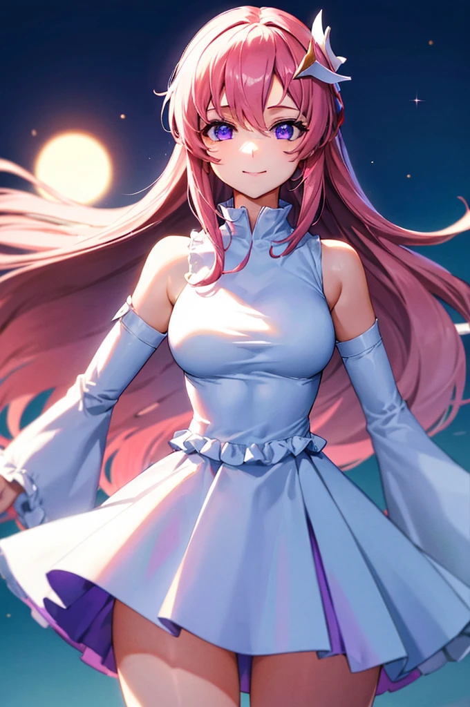 (masterpiece:1.3), (best quality:1.1), (8k, ultra detailed, ultra high res:1.2), ((anime style)), perfect 5 fingers, perfect anatomy, 1girl,
BREAK long hair, pink hair, medium breasts, purple eyes, 
BREAK white dress, long sleeves, white sleeves, frills frilled skirt, frilled sleeves, detached sleeves, bare shoulders, purple skirt, purple frills,
looking at viewer, smile, standing, 
cowboy shot, perfect light, 
BREAK (detailed background:1.2), outdoor, outside, space, sun, star, the cosmos, galaxy, 