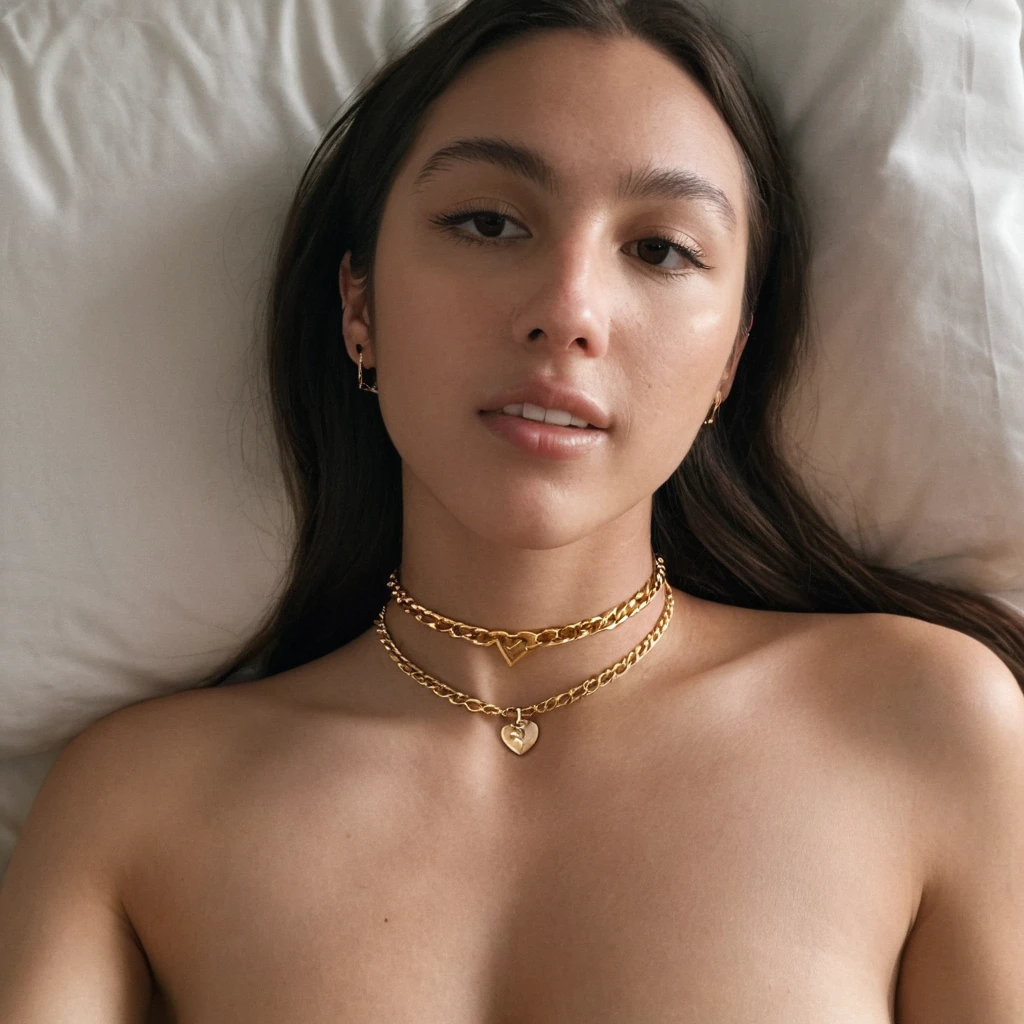 (Skin Texture, pores, natural,iPhone,RAW)), natural lighting, Highest Quality Portrait photo of a woman, choker, heart gold chain, on bed
