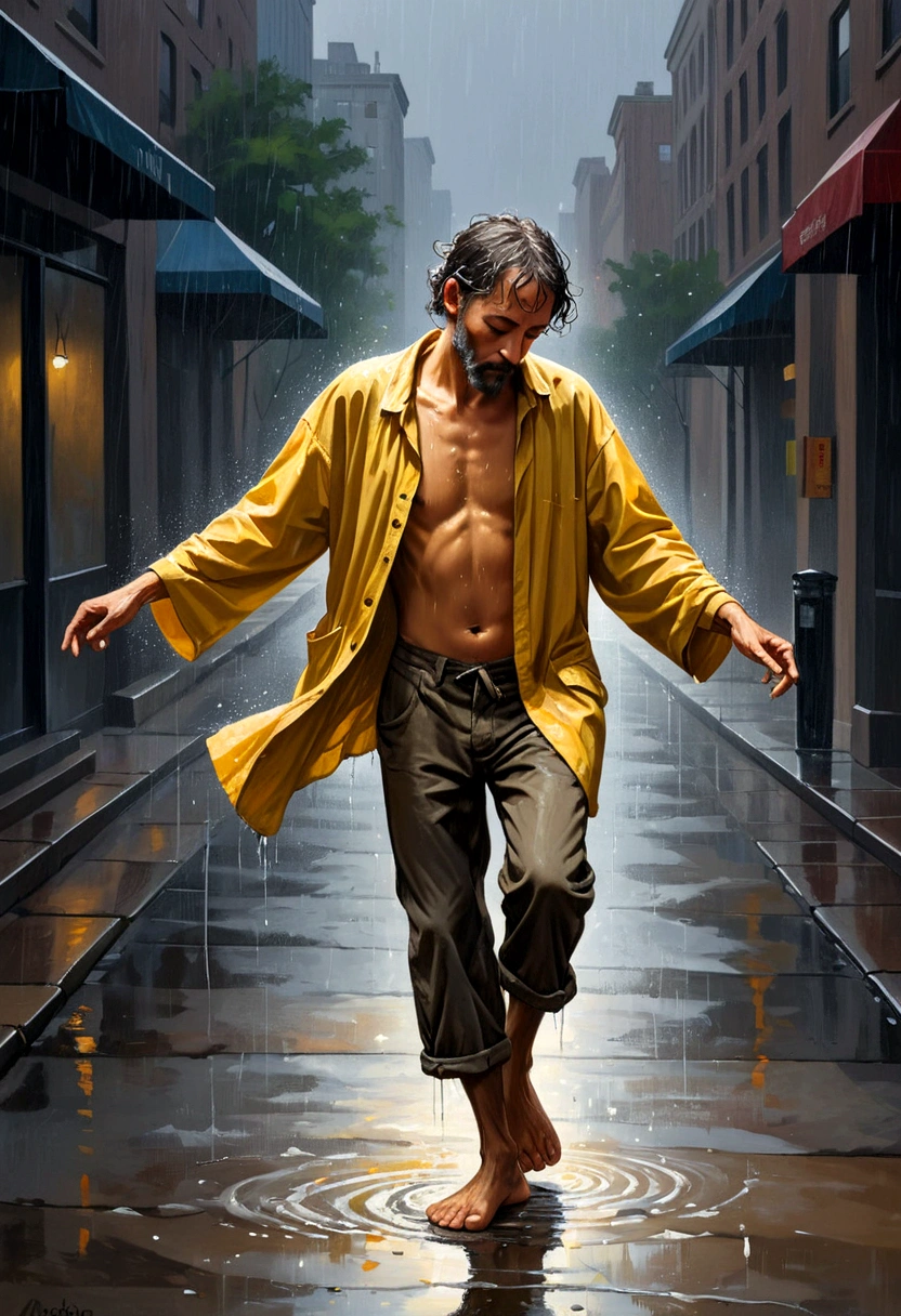 Soul Dancer Mark,A homeless man dancing alone in the rain，Barefoot，Loose and worn clothes，Professionalism，Splash，Light and Shadow，Particle oil painting，Minimalism，artistic conception，