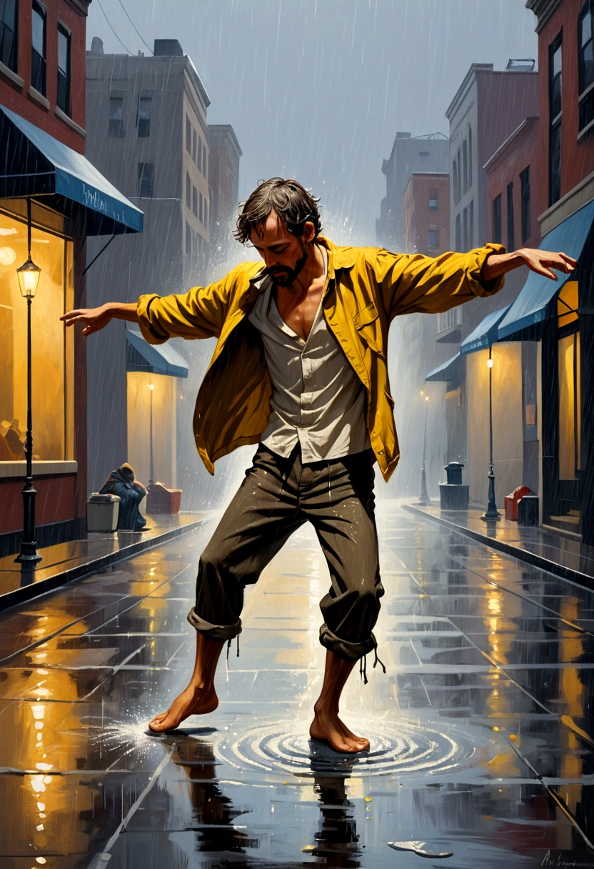 Soul Dancer Mark,A homeless man dancing alone in the rain,Barefoot,Loose and worn clothes,Professionalism,Splash,Light and Shadow,Particle oil painting,Minimalism,artistic conception,