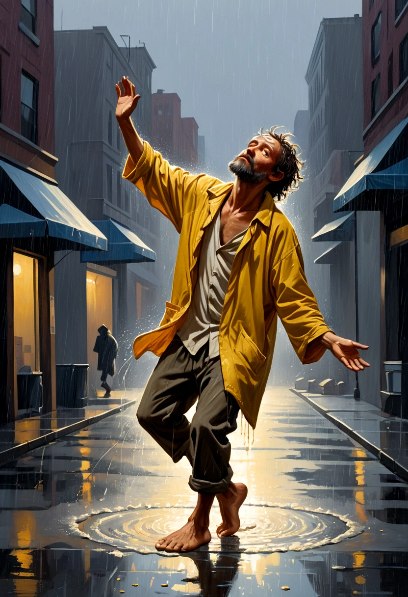 Soul Dancer Mark,A homeless man dancing alone in the rain,Barefoot,Loose and worn clothes,Professionalism,Splash,Light and Shadow,Particle oil painting,Minimalism,artistic conception,