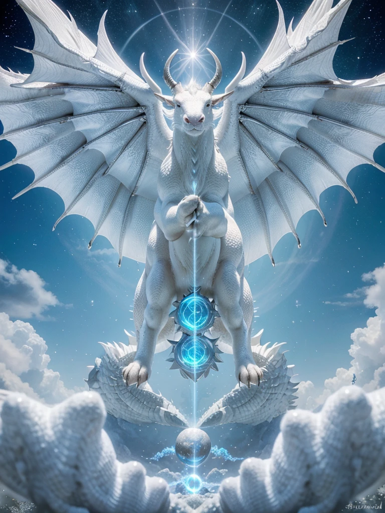 white dragon with friendly and soft features with a circle of silver energy between the two white horns and paws with sacred geometry shining in sky blue