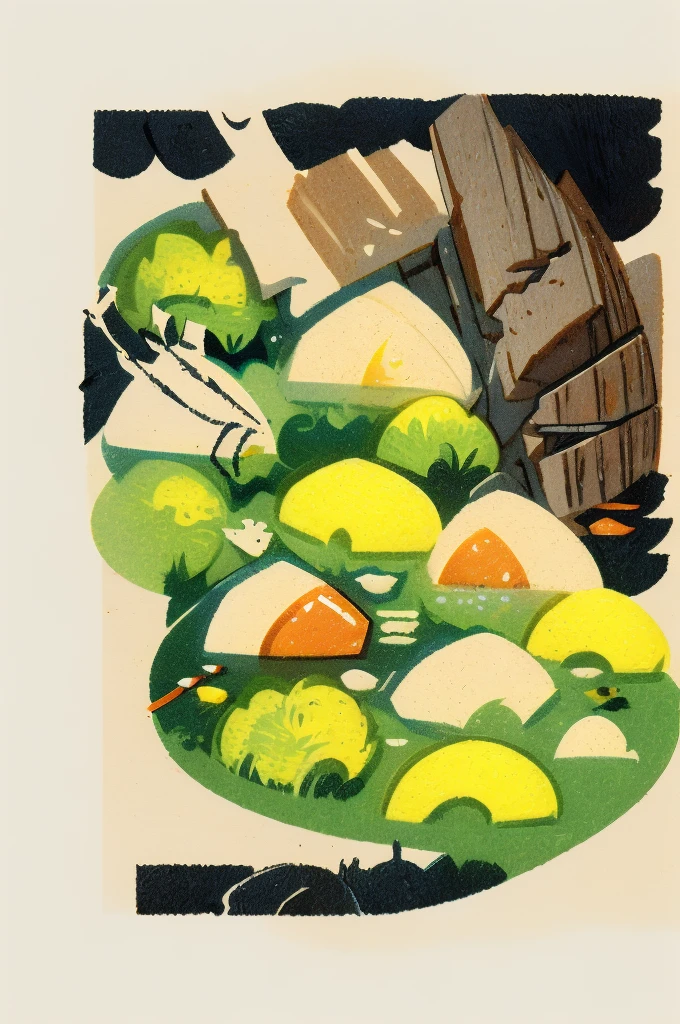 Illustration: Simple woodblock printing style. Thai food, Fried rice with basil and fried egg