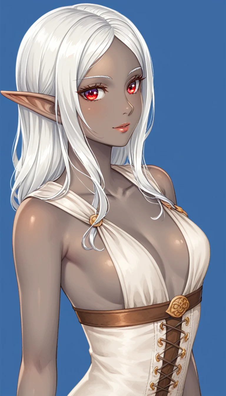 1girl, adult woman, beautiful girl, (grey skin), dark elf skin, grey skin color, dark elf girl, white hair, perfect body, skinny, red eyes, nice chest, nice , white and beige medieval fantasy clothing, blue background, RPG, fantasy