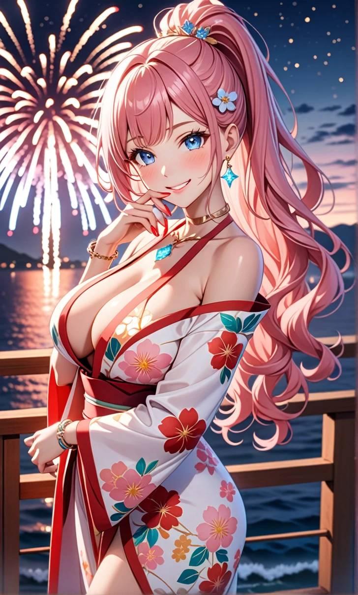 ultra-detailed, ((one girl)), in pastel colors girl, hyper detailed, absurdres, 8K, Beautiful Face, (Laugh shyly), ((teasing smile:1.8)), ((Wink:1.8)), (Laugh with your mouth wide open),(Tilt your head:1.3),(Put your hand over your mouth:1.8), View your viewers, ((Bright red cheeks:1.6)),Glossy Red Lips, ((Big Breasts:1.5)), (valley),night, You can see the sea horizon,On Bridge, firework, (Brighten your face), ((Anime style background)),masterpiece, Highest quality, so beautiful,Latest, Complex details, (Pink long nails), (nail art), (ring),(bracelet), (Floral Choker),AI-generated, Complex,High resolution, Highest quality, super high quality,3D Images、3D Images,One person,Pastel pink long hair,(High Ponytail), (wavy hair:1.3), Pastel anime woman posing for a photo, ((Fine grain、blue eyes、glowing eyes:1.4)), (Squint your eyes:1.1),a hyperRealistic , hyperRealistic , Realistic,Anime woman with long pastel pink hair, Smooth anime CG art, A girl in a gorgeous pastel-colored kimono, ((Pastel-colored furisode)),(Pink large floral pattern) ,Long flower hair ornament,Floral Earrings,Mature Body, tall,Abdominal muscles,Narrow waist, ((arched back:1.9)), (front view),
