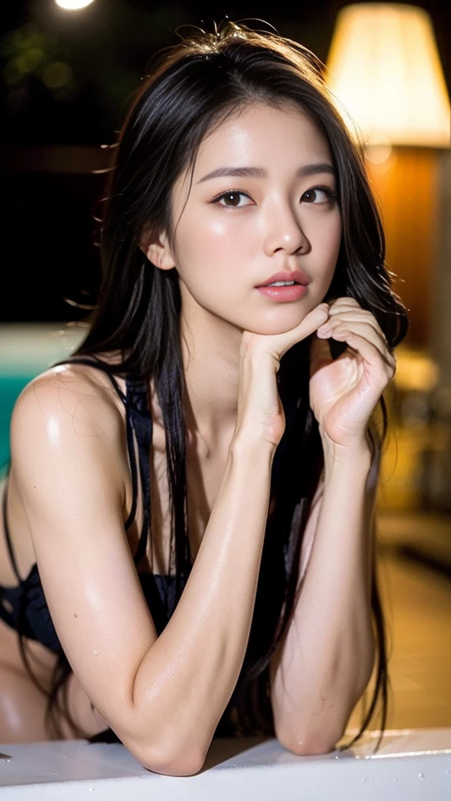 Dark brown hair、Light brown eyes、Japanese actress、 Lady、1 female、I am about 40 years old.....、(Intricate details:1.2)、(Which is the top???????:1.4)、 (Ultra-high resolution:1.2)、Ultra-high resolution、(Finely tuned)、(Detailed facial features)、Hmph、8K resolution、D cup size breasts、Long Hair、Jacuzzi on the terrace、Enter the jacuzzi、Wet Skin、Soaking wet hair、Wet shoulders、Wet bust、moonlight、リゾート感たっぷりのNight view写真、Head to toe shot、Blackpink Jenny、Beautiful feet、she, Fashion Hub, Very detailed, Very detailed, Realistic, Hourglass Shaped Body, Obscene pose、Please lift your chin a little、Open your mouth a little、Relax Pose、Are crying、Deep sorrow、、Get out of the water、The moment I step out of the jacuzzi I see you、Round Jacuzzi、Get out of the water体、Night view、