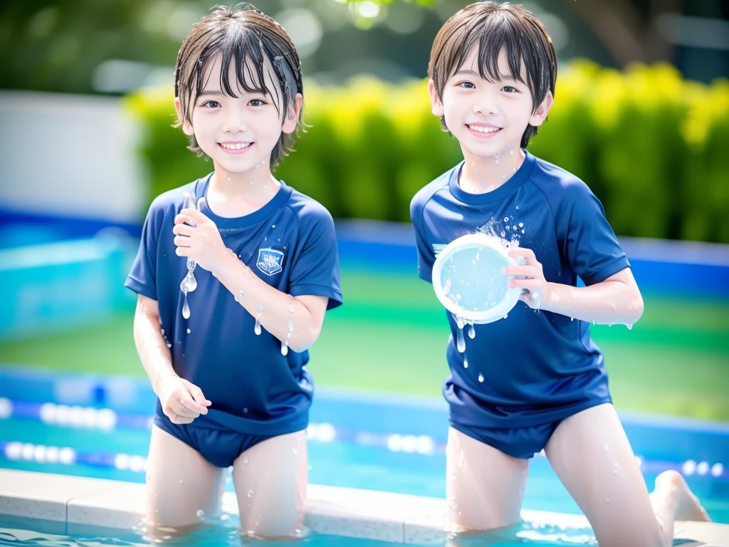 Sultry summer、、Summer swimming pool、Get wet all over、Japan Boy、Glowing water splashes、Pool lessons、Boy playing in water、The happy boys、Strong sunlight、Short sleeve gym uniform、Blue shorts、barefoot，Boys only 、１０age、high resolution、masterpiece