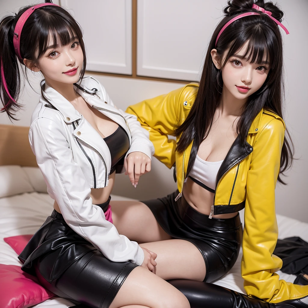 bangs down，beautiful girl，Maid clotheasterpiece，perfect face，perfect breasts，long hair，Long leather trousers，Colorful clothes，Outstanding style，stimulating，Cute outfits，Horny girl，double eyelid，Naughty Girls，Erotic and cute，mini skirt，ribbon on uniform，colorful hair color，yellow eyes，leather jacket，horny girl，Knee-high boots，
Colorful，multicoloured，future fashion，smile，，zipper bra，Multicolored clothing