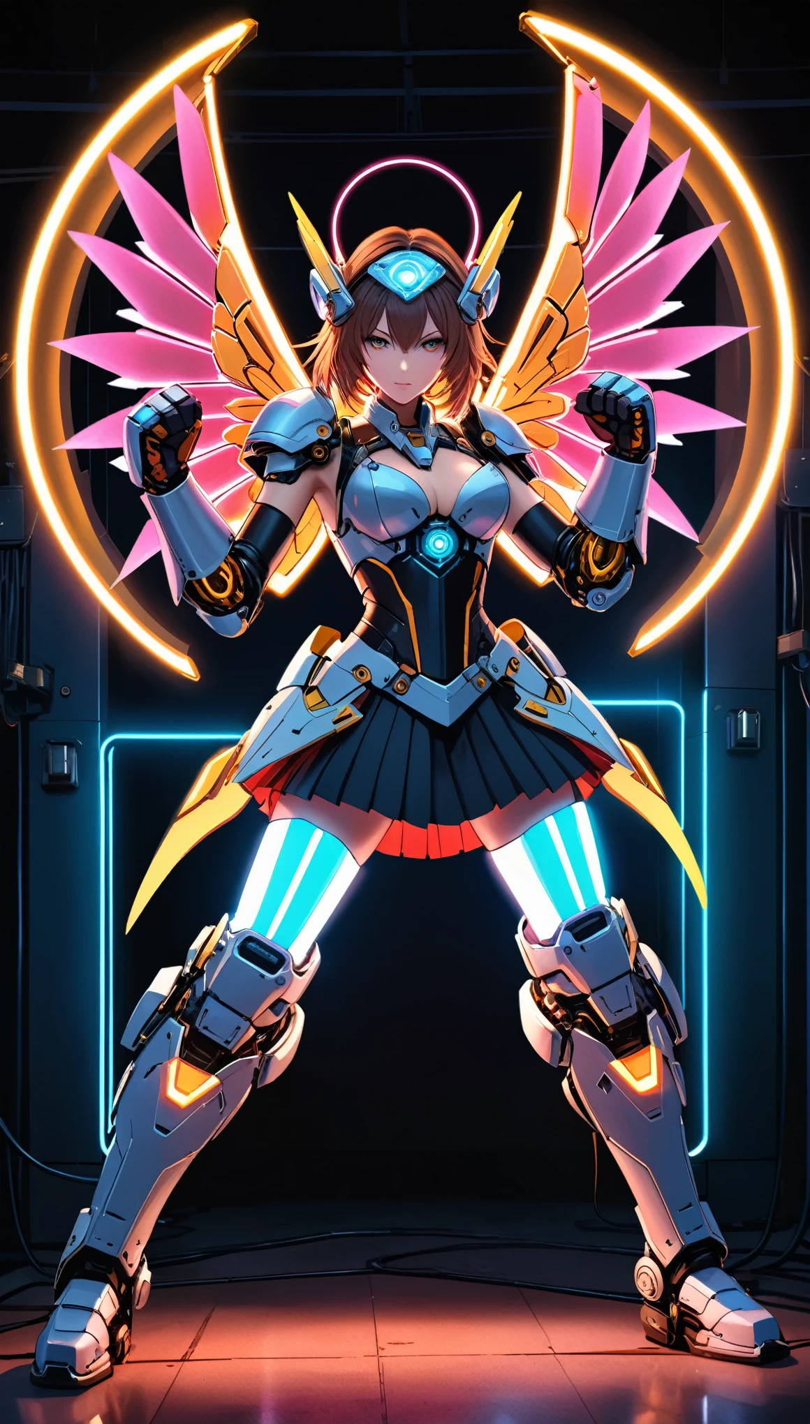 in style of David Sims,
exaggerated and gigantic modified mechanical wings,mechanical_halo,1 girl,mechanical wrist,mechanical skirt with pleated skirt,(huge makeover mechanical fists:1.5),(mechanical knee joints:1.2),(the fist glowing neon light:1.3),(hitting:1.3)