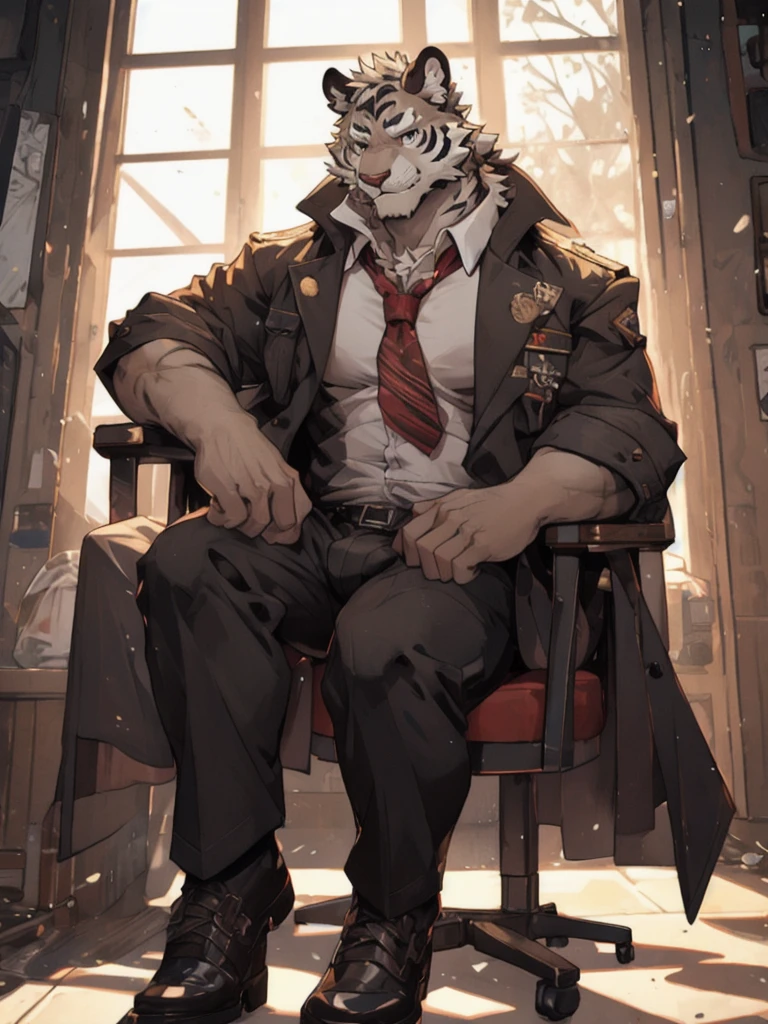 {{bara extremely handsome white tiger,}} {{white fur,}} white, wearing military like purple trench coat, purple trousers, white dress shirt and necktie, white fluffy furry body and limbs, loafers, very tall, very broad shoulders, narrow waist, muscular arms, massive pecs, purple eyes, very long legs, sitting on swivel chair with legs spread, from below perspective, massive bulge, sophisticated hot look, sexy pose, full body, sunlight casting over, 3/4 view, best quality, high quality, silver earring on left ear, sultry smirk
