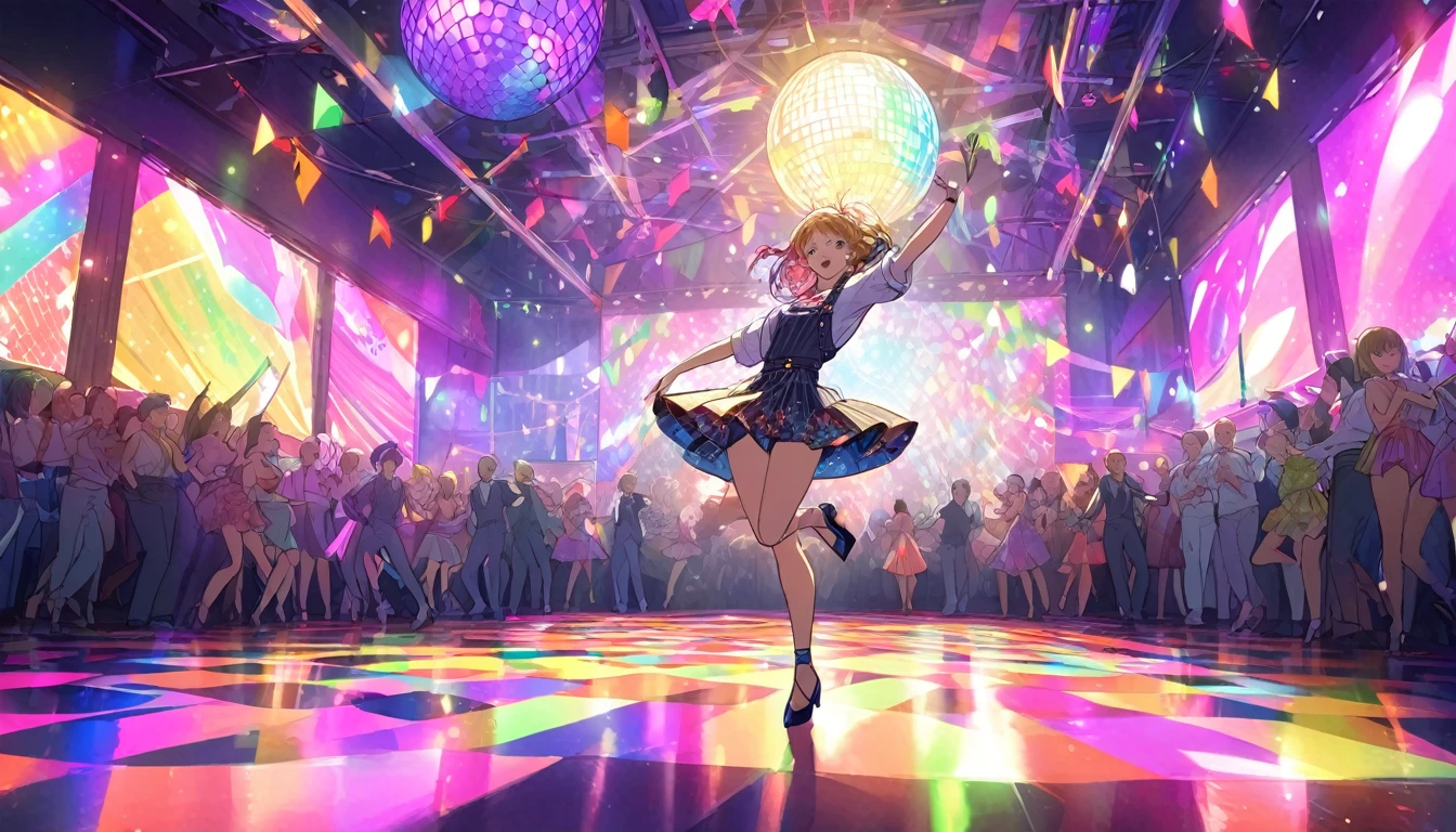 An anime-style vibrant dance hall with only one person dancing joyfully under colorful lights. The atmosphere is electric, with neon lights and a disco ball casting dynamic patterns across the floor. The dancer is dressed in a stylish outfit, moving energetically to the music. The walls are adorned with bright, colorful decorations, and the overall mood is festive and exhilarating. The dance floor is spacious, and the energy of the single dancer is palpable as they enjoy the night.masterpiece , best quality