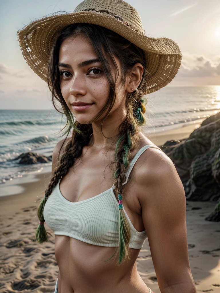 [[((young attractive Mexican woman with green streaks in her plaited hair, very light, barely visible cute freckles on her cheeks, and distinctive light brown eyes:1.5)), ((Martina Sánchez:1.4)), standing on a remote beach at sunset. Martina is wearing ((a stylish and sexy beach outfit:1.3)) with travel accessories like a wide-brimmed hat, sunglasses perched on her head, and a small backpack. She has a radiant smile, capturing the warm glow of the setting sun. The background features a picturesque beach with golden sand, gentle waves, and a vibrant sky transitioning from orange to pink. The scene is captured with a ((digital SLR:1.3)) using a ((50mm prime lens:1.3)) for a balanced perspective that focuses on her face and upper body. Post-production enhances the natural colors, highlighting her unique features, and adding a ((soft bokeh effect:1.2)) to the background. The image should be in ((8K resolution:1.2)) with ((hyper-realistic detail:1.4)). The focus is on Martina's unique plaited hair, freckles, and light brown eyes, showcasing her as a stylish and adventurous traveler against the stunning beach sunset backdrop.]]
