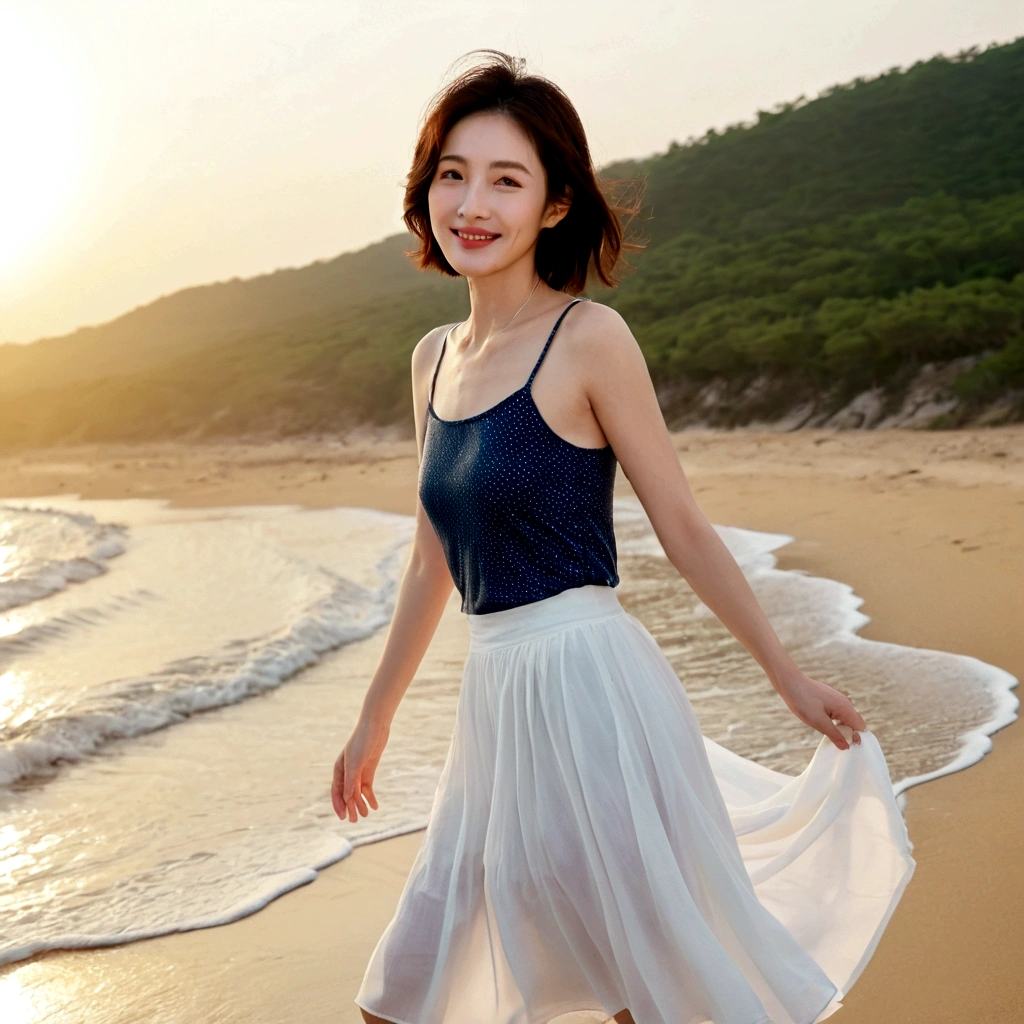 sunset on the beach，바다에 잔광이 비치네sunset on the beach 붉은 태양，A strong lingering scent is reflected in the sea., Beautiful 46-year-old short Korean woman, Chest size 34 inches, Wear white sleeveless, white light skirt. beautiful pretty woman look , wearing a light skirt , Go far into the sea water and dip your toes., Short medium hair blowing in the wind, 1 short woman, beautiful eyes, a little smile, Full-body photo taken from afar with a wide-angle lens, The background is clean and perfect., waves moved by the wind, best high definition