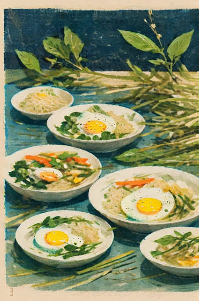 Illustration: Simple woodblock printing style. Thai food, Fried rice with basil and fried egg