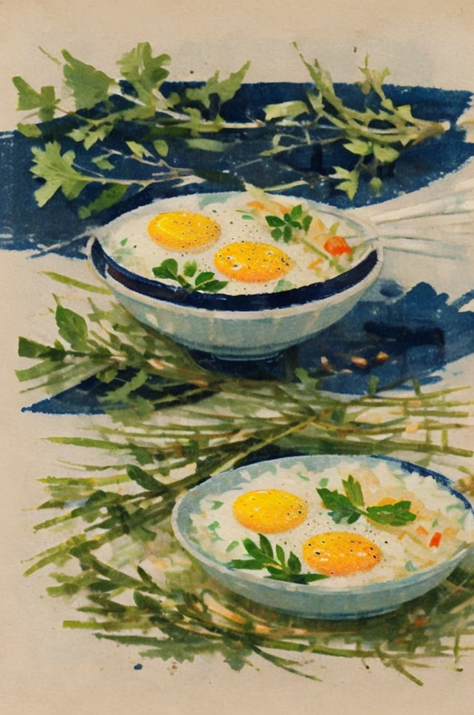 Illustration: Simple woodblock printing style. Thai food, Fried rice with basil and fried egg