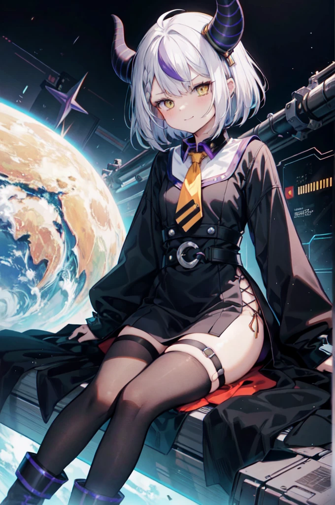 sleeves past wrists, sleeves past fingers, braid, Long sleeves, single leg pantyhose, yellow ascot, ascot, Black footwear, Dress, Metal collar, long boots, Black Dress, Collar, pantyhose, single thighhigh,Evil smile,sitting on the ground and looking at the planet, Cyberspace, inspired by Josan Gonzalez, Ross Tran Stil, Akira-Vibes, Akira Art Style, floating next to planets, josan gonzales, in space, Moderner Sci-Fi-Anime
