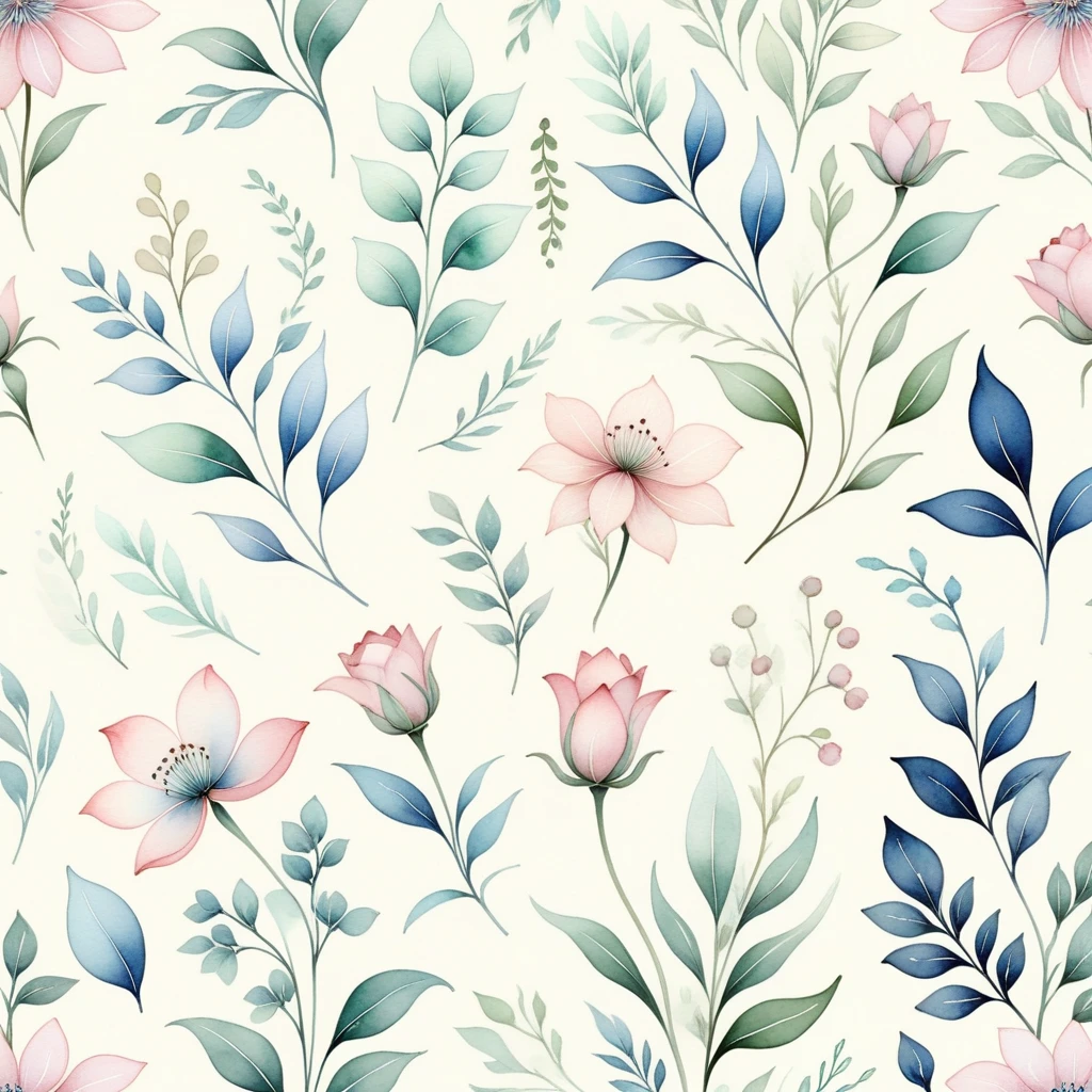 A delicate and romantic floral pattern, featuring a variety of flowers and leaves in soft shades of pink, blue, and green, all rendered in a watercolor style. The pattern is set against a light, airy background, creating a sense of ethereal beauty and delicate charm. The flowers and leaves are arranged in a loose, organic way, creating a sense of movement and flow. The overall effect is one of quiet elegance and understated grace.

[A timeless and versatile pattern, reminiscent of vintage botanical illustrations and "Art Nouveau" style, with a touch of "Watercolor" aesthetics.]

[Light, airy background, soft pink, blue, and green colors, a watercolor style, a focus on delicate details and organic shapes, a repeating pattern.]