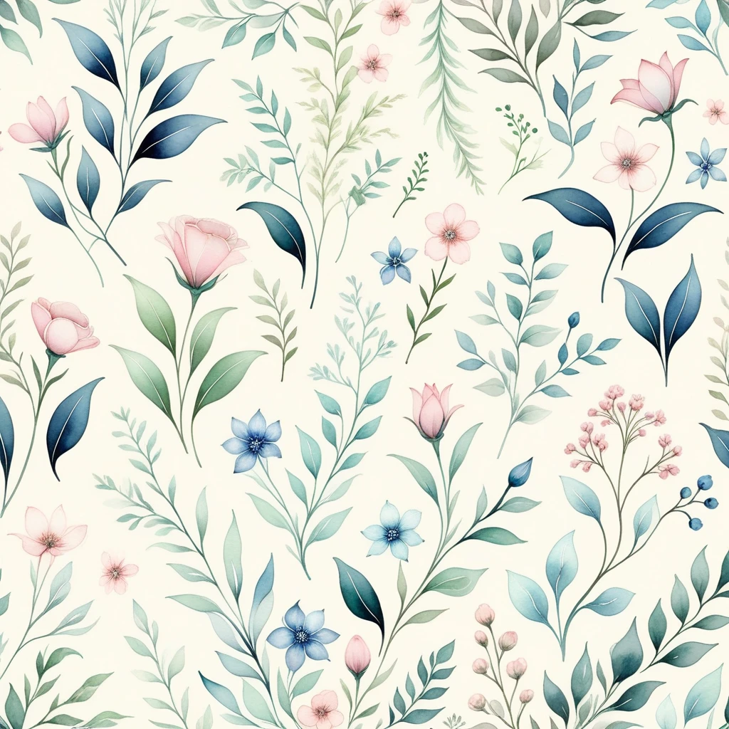 A delicate and romantic floral pattern, featuring a variety of flowers and leaves in soft shades of pink, blue, and green, all rendered in a watercolor style. The pattern is set against a light, airy background, creating a sense of ethereal beauty and delicate charm. The flowers and leaves are arranged in a loose, organic way, creating a sense of movement and flow. The overall effect is one of quiet elegance and understated grace.

[A timeless and versatile pattern, reminiscent of vintage botanical illustrations and "Art Nouveau" style, with a touch of "Watercolor" aesthetics.]

[Light, airy background, soft pink, blue, and green colors, a watercolor style, a focus on delicate details and organic shapes, a repeating pattern.]