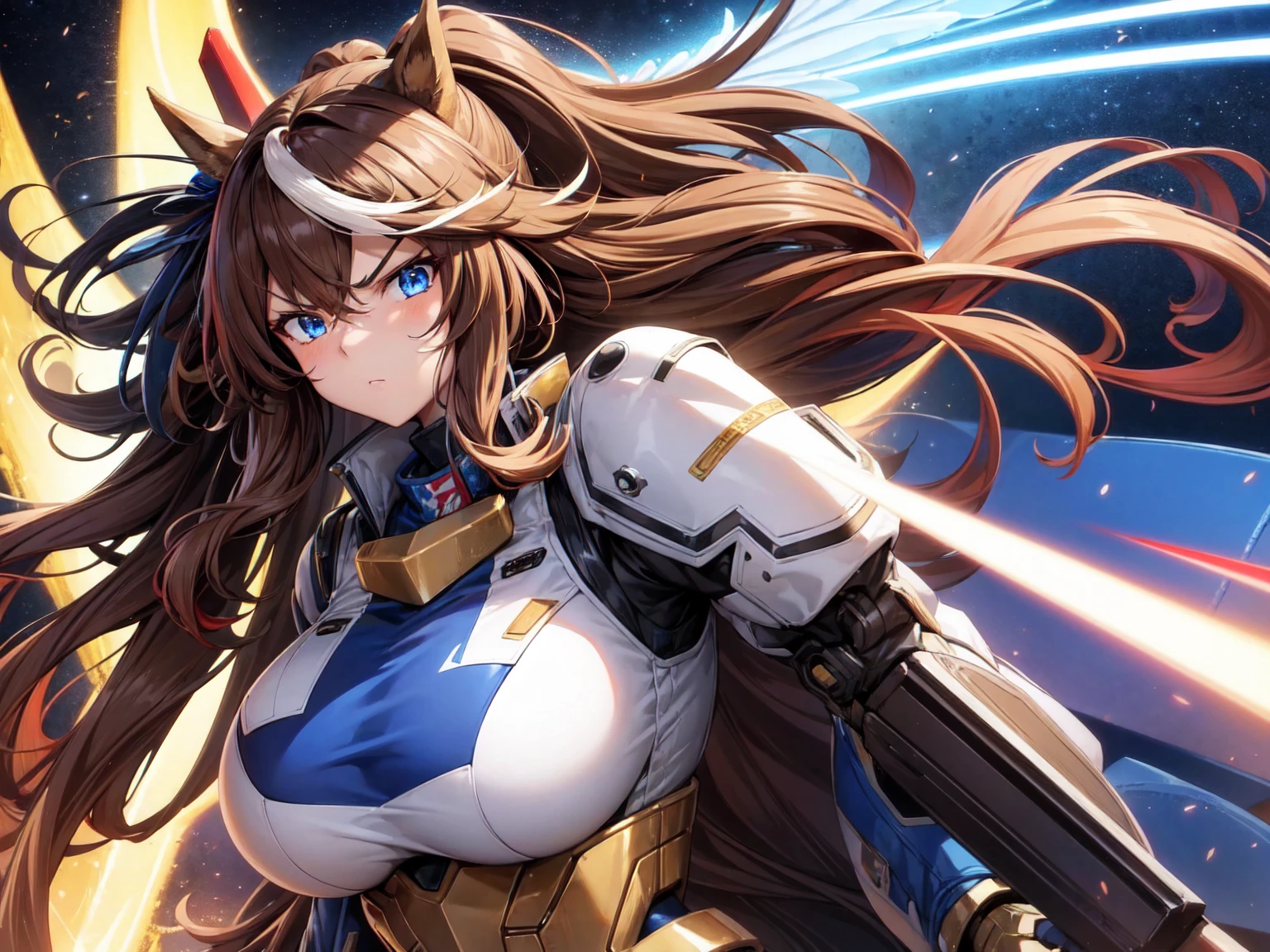 1girl,Tokai Teio, horse ears, brown hair, long hair, high ponytail, streaked hair, multicolored hair, blue eyes, big breast, mecha musume, mechanical wing, serious face,