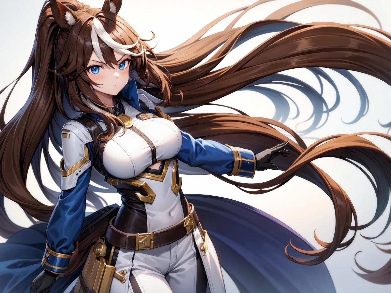 1girl,Tokai Teio, horse ears, brown hair, long hair, high ponytail, streaked hair, multicolored hair, blue eyes, big breast, mecha musume, mechanical wing, serious face,