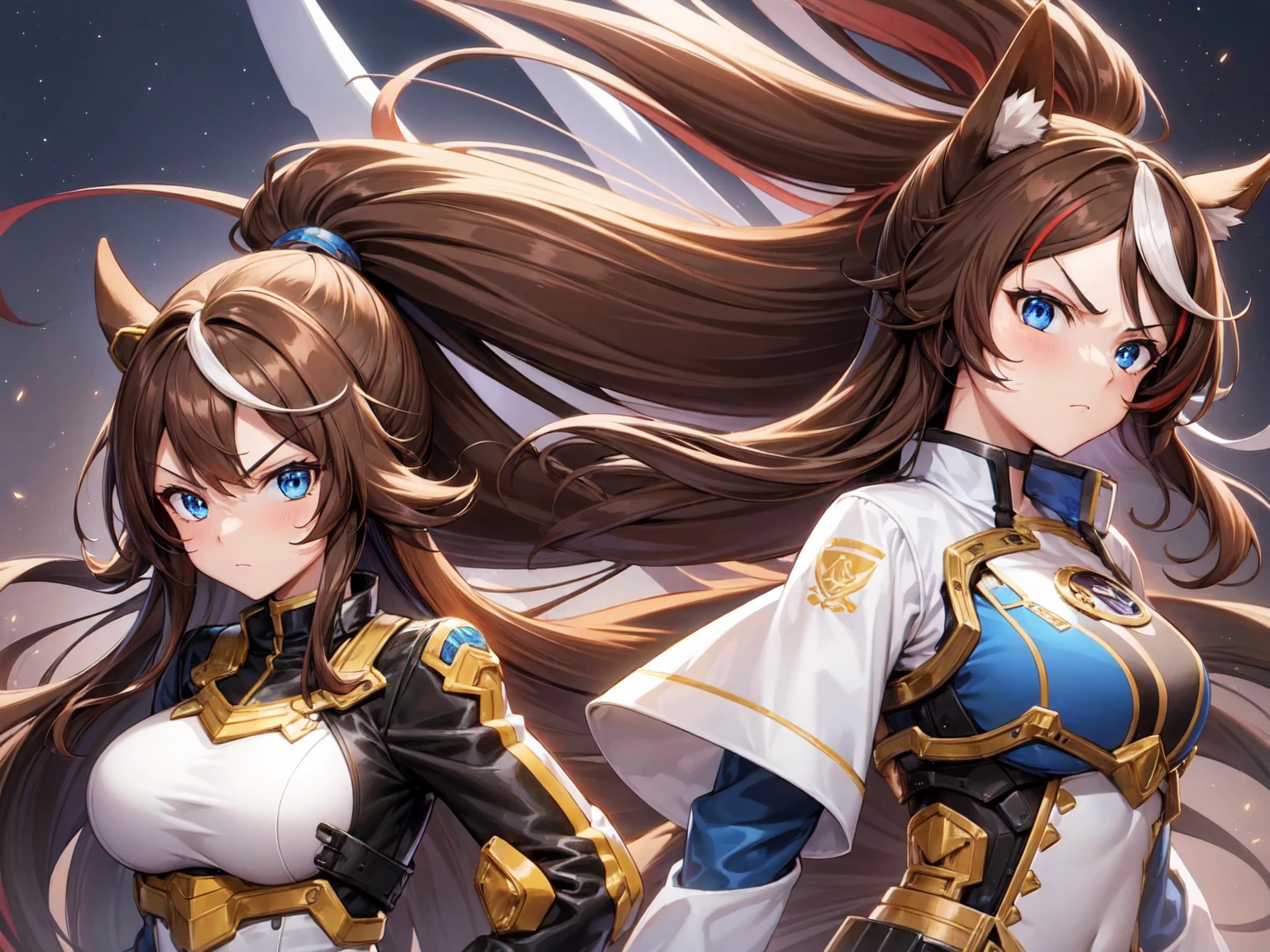 1girl,Tokai Teio, horse ears, brown hair, long hair, high ponytail, streaked hair, multicolored hair, blue eyes, big breast, mecha musume, mechanical wing, serious face,