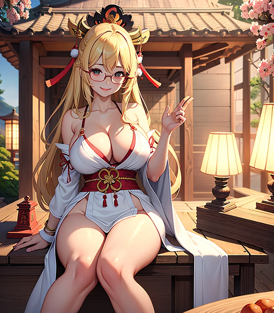 ((Highest quality)), ((masterpiece)), (detailed),、Adult women、Blonde、Long Hair、fluffy hair、Saggy breasts、Glasses、Japanese Shrine Maiden、The cleavage is visible、Inside the shrine、smile、Bikini top、masterpiece、best quality、ultra-detailed、8K、high resolution、