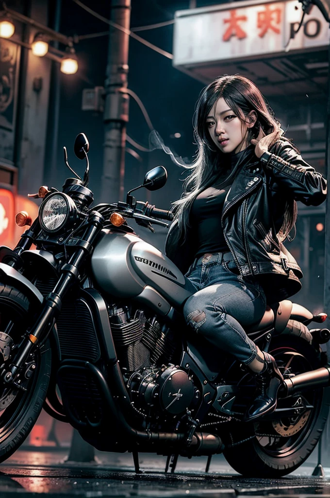 Akira-inspired cityscape: A raffish woman in a black leather jacket and ripped jeans confidently rides a sleek Triumph motorcycle down a gritty urban street, exhaust pipe spewing smoke, neon lights reflecting off wet pavement. Park Shin Hye's character, a calculating super villain, sits astride a menacing motorcycle, eyes fixed intently on the rider as she speeds by, leaving a trail of chaos.