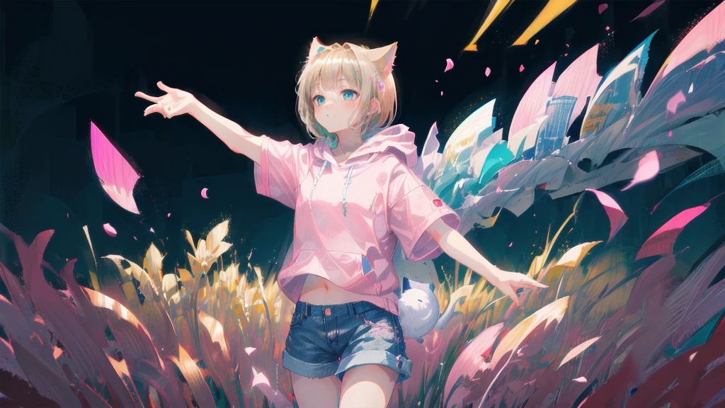Blonde、Denim shortasterpiece)), ((Highest quality)), (anime:1.4), (Super detailed:1.2), (High resolution:1.3), (Professional photography:1.3), (Wide Shot), (Sharp focus), (Perfect light), ((12 years old)), One girl, profile, Cinema Lighting, Textured skin, (Cat ear), Light brown hair, 乱れたShortcutsヘア, Cute beautiful teenage girl, (Healthy slim body), (Pink short sleeve hoodie:1.3), Very good, (Exposed neck), Slender body, Small breasts, Mischievous Smile, blush, (Turquoise unfocused eyes), Beautiful clavicle, (A little exposed cute thighs), break, ((Highest quality)), (Super detailed), (Beautiful colorful flower field), Dancing Petals,Blonde、Shortcuts、Pink hoodie、Denim shorts、Black sneakers、Cat ear、Belly button、Show your belly