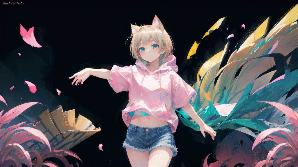 Blonde、Denim shortasterpiece)), ((Highest quality)), (anime:1.4), (Super detailed:1.2), (High resolution:1.3), (Professional photography:1.3), (Wide Shot), (Sharp focus), (Perfect light), (()), One girl, profile, Cinema Lighting, Textured skin, (Cat ear), Light brown hair, 乱れたShortcutsヘア, Cute beautiful teenage girlealthy slim body), (Pink short sleeve hoodie:1.3), Very good, (Exposed neck), Slender body, Small breasts, Mischievous Smile, blush, (Turquoise unfocused eyes), Beautiful clavicle, (A little exposed cute thighs), break, ((Highest quality)), (Super detailed), (Beautiful colorful flower field), Dancing Petals,Blonde、Shortcuts、Pink hoodie、Denim shorts、Black sneakers、Cat ear、Belly button、Show your belly