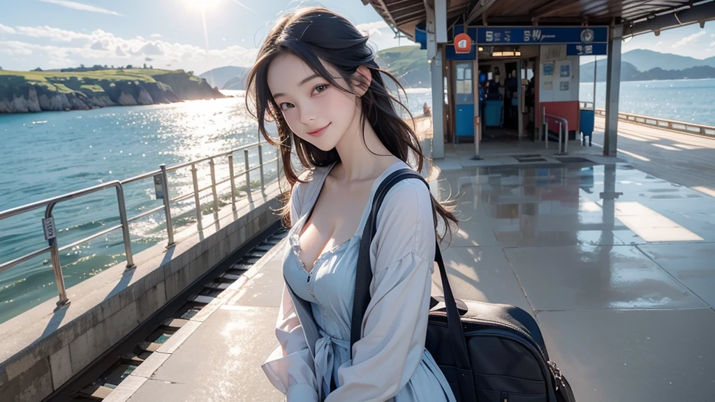 8K、RAW Photos、Highest quality、Super detailed、Super Resolution、Ultra HD、8K壁紙、Amazing details
(Rural seaside station)、(Station platform by the sea)、(A 16-year-old high school girl waiting for a train on the station platform)、((line))Shining Sun、Blue sky、School bag、smile、Midsummer Sun、You can see the ocean

(Emphasize cleavage)

